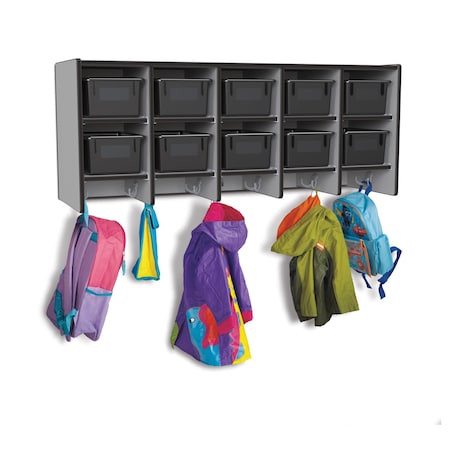 Jonti-Craft Rainbow Accents 10 Section Wall Mount Coat Locker, with Trays, Black 0771JC180